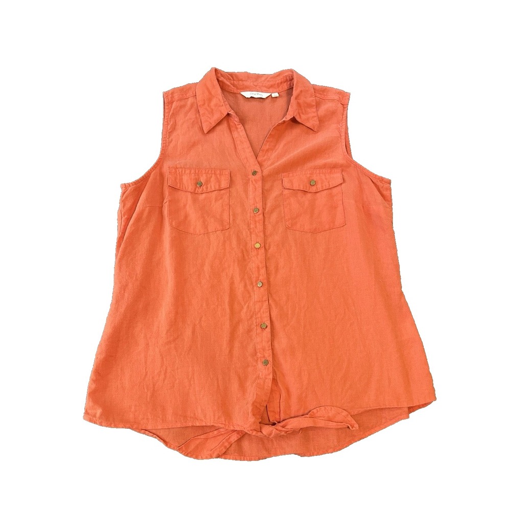 Linen Blend Coral Bay Sleeveless Tie Front Womens Top L Orange Coastal Beachy